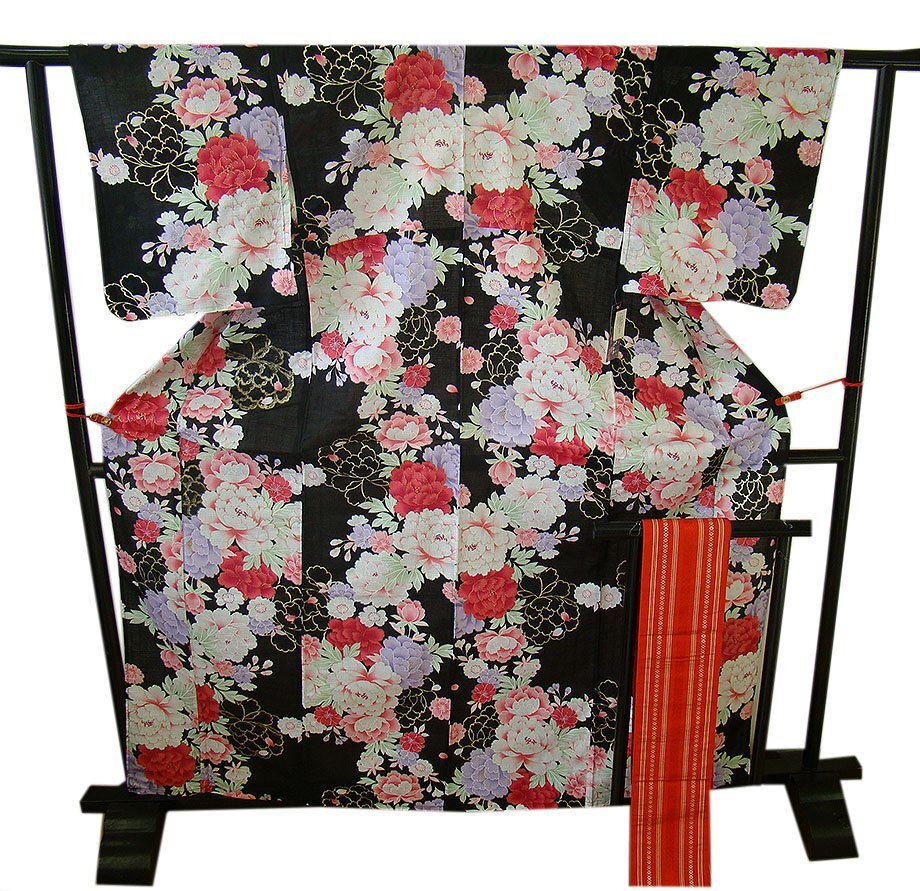 時代屋 裄64.4cm 新品 変り紅梅 浴衣 博多織 四寸帯 2点 セット 綿 正絹 仕立上り 150cm~156cm Ym116拍卖