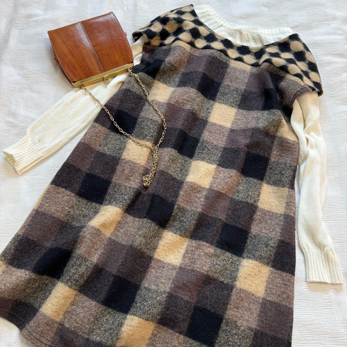 【美品】JOCOMOMOLA ホコモモラ シビラ◆ウール ゆったり オーバーサイズ チュニック ワンピース チェック 茶 ブラウン サイズ40 y25043005拍卖