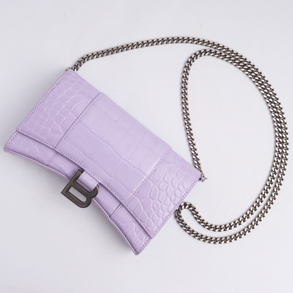 BALENCIAGA Hourglass チェーンウォレット クロコダイルエンボス パープル バレンシアガ ショルダーバッグ 財布 バック アワーグラス拍卖