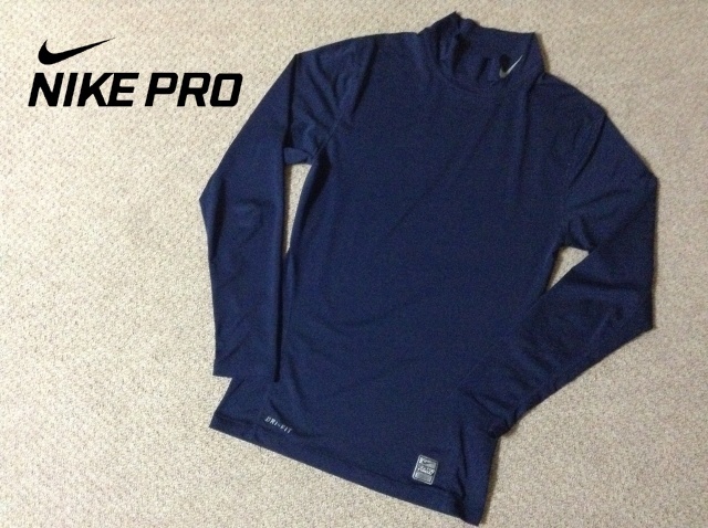 ★ナイキ★プロ コンバット モックネック DRI-FIT コンプレッション 長袖シャツ ロングスリーブ XLサイズ 紺 刺繍ロゴ NIKE PRO COMBAT拍卖