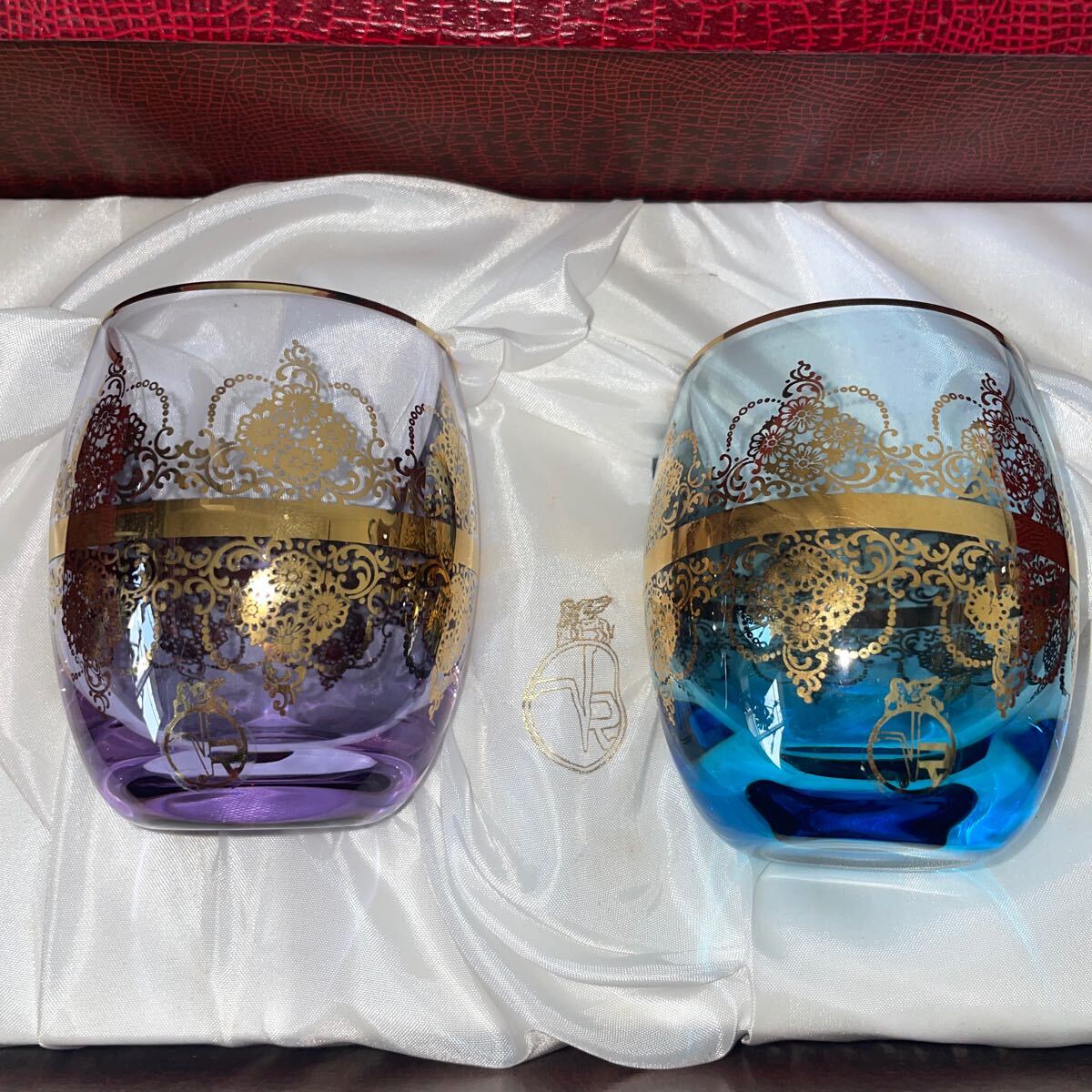 即決!未使用■ヴェネチアングラス MURANO ムラノガラス 金彩 ペアグラス ロックグラス ブルー パープル■タンブラー イタリア製 酒器拍卖