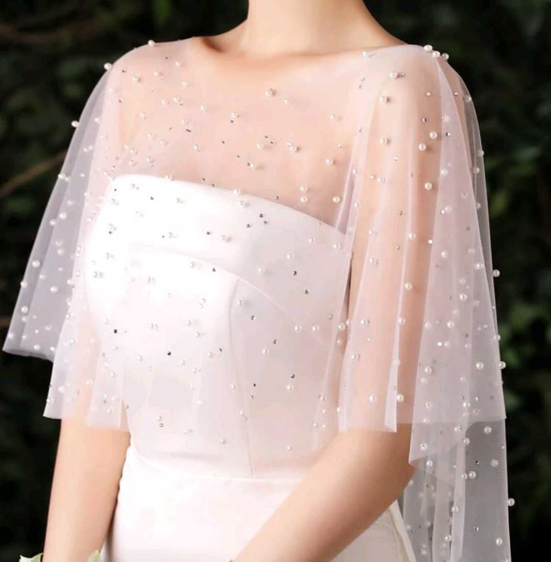新品結婚式ウエディングドレスケープパールビーズ&ラインストーン付きシースルーチュールショールストール羽織拍卖