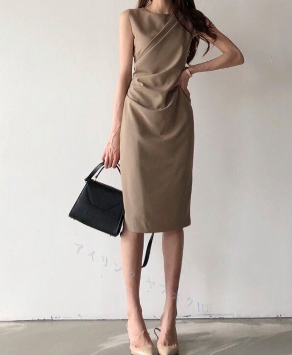 で大人可愛い ひざ丈ドレス ワンピース クルーネック レディース タイト 袖なし 着痩せワンピース S~L春 夏 通勤 無地お色選択可拍卖