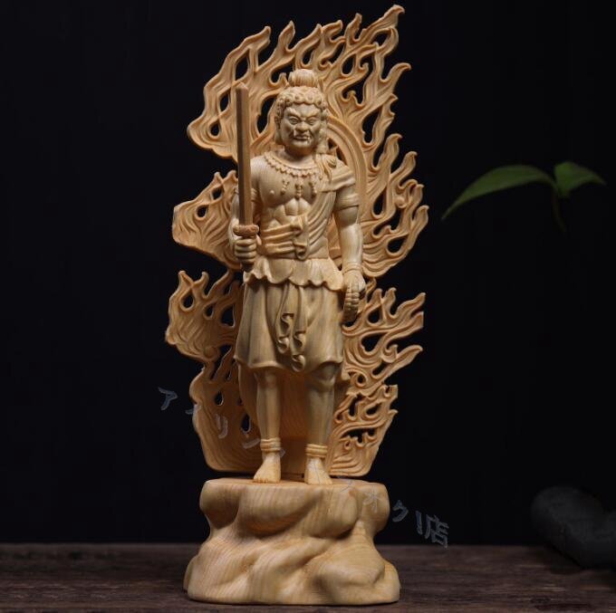 彫刻精密彫刻 不動明王 木彫 仏像 不動明王像 檜木 高約28c 仏像拍卖