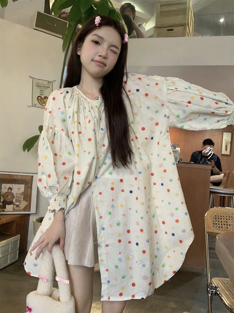 カラフルドット柄 ワンピース チュニック 大人可愛 ゆったり オシャレ フリーサイズ ナチュラル 綿100%コットン拍卖