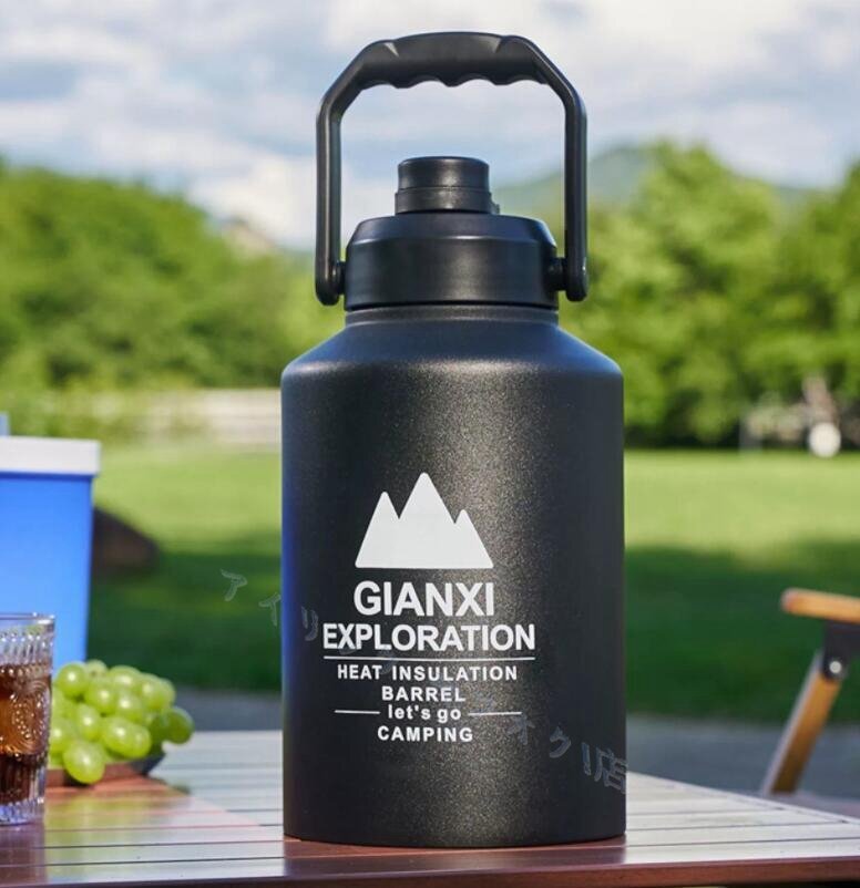 ブラック 二重壁の真空断熱 超高品質 広口 ステンレス保温保冷氷筒 2L 氷が入れやすい キャンプやアウトドア 野外登山 14x28cm拍卖