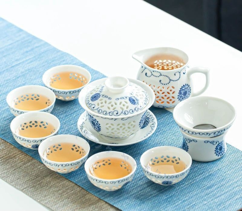 玲瓏磁器 玲瓏磁 陶磁器 白磁 玲瓏 蓋碗 9点セット 太陽花宝瓶 茶器セット ティーセット 中国 茶器 台湾茶 ウーロン茶 紅茶茶器拍卖
