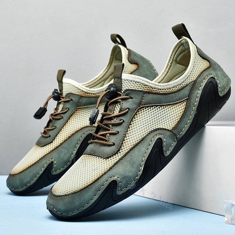 メンズシューズ 牛革ドライビングシューズ登山靴 運動靴 本革レザー ランニング ウォーキング 夏 靴 通気性 緑 25.0cmお色選択可拍卖