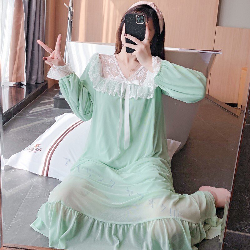 宮殿 レディース Lサイ 滑らか 綿 グリーン系 肌さわり 心地良い リラックス プリンセス ネグリジェ ルームウエアお色選択可拍卖