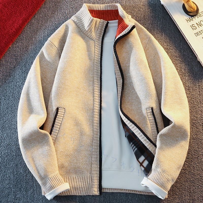 ニット セーター ジャケット ジャンパー メンズ 裏フリース トップス 長袖秋冬ジップアップオレンジ お色選択可拍卖