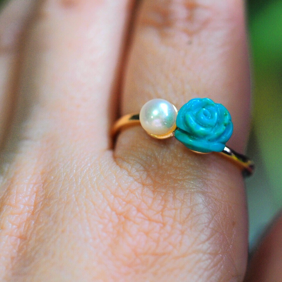 K14GF 天然トルコ石 天然アコヤパール リング 17号 大きめのリング拍卖