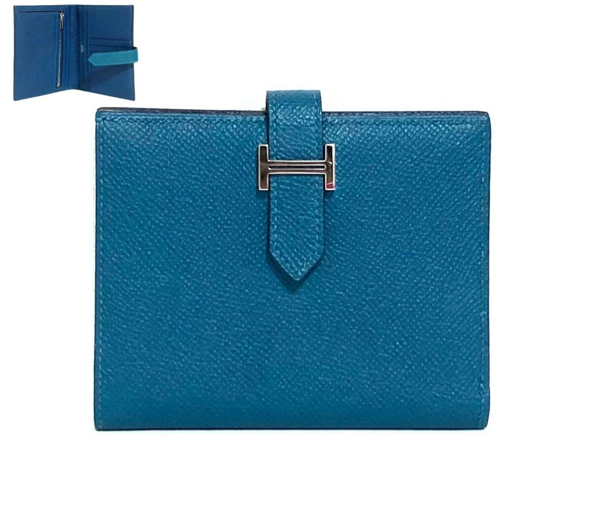 未使用☆エルメス HERMES 折財布 ベアン コンパクト ヴェルソ BEARN 青 緑 グリーン ブルー バイカラー エプソン拍卖