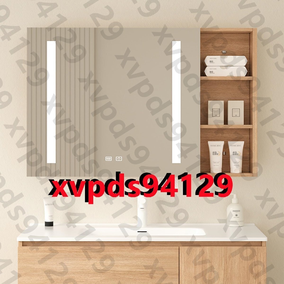 多機能壁掛けミラーキャビネット、LED照明ミラーキャビネット ミラー 曇り止め浴室鏡 収納付き ファッション(80*70cm)拍卖