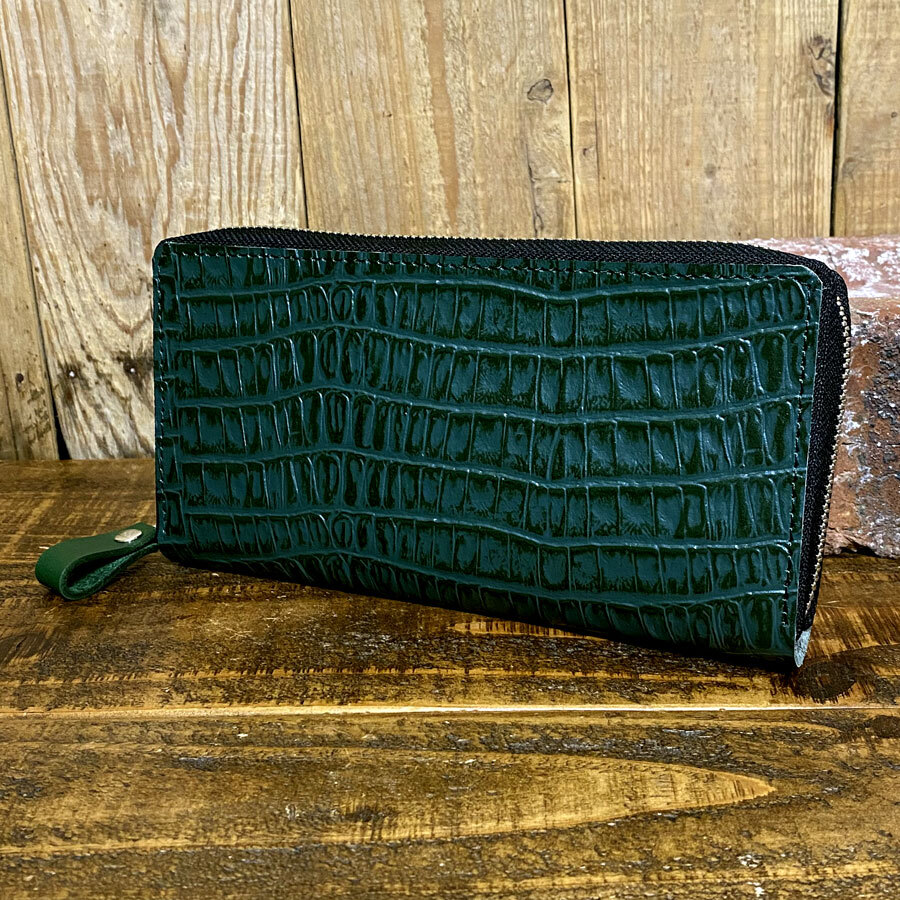 ラウンドファスナー ロングウォレット 長財布 クロコ 型押し革 手作り レザー ハンドメイド 革 クロコダイル ワニ 牛革 グリーン拍卖