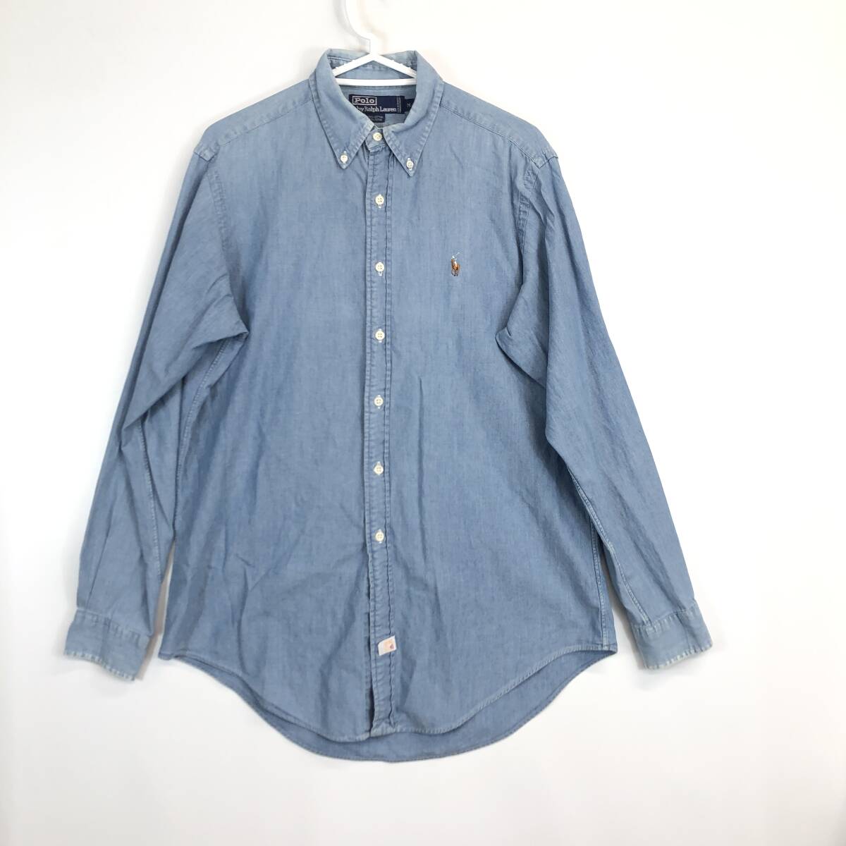 90s シンガポール製 Ralph Lauren ラルフローレン 長袖ボタンダウンシャツ シャンブレーシャツ コットン Mサイズ拍卖