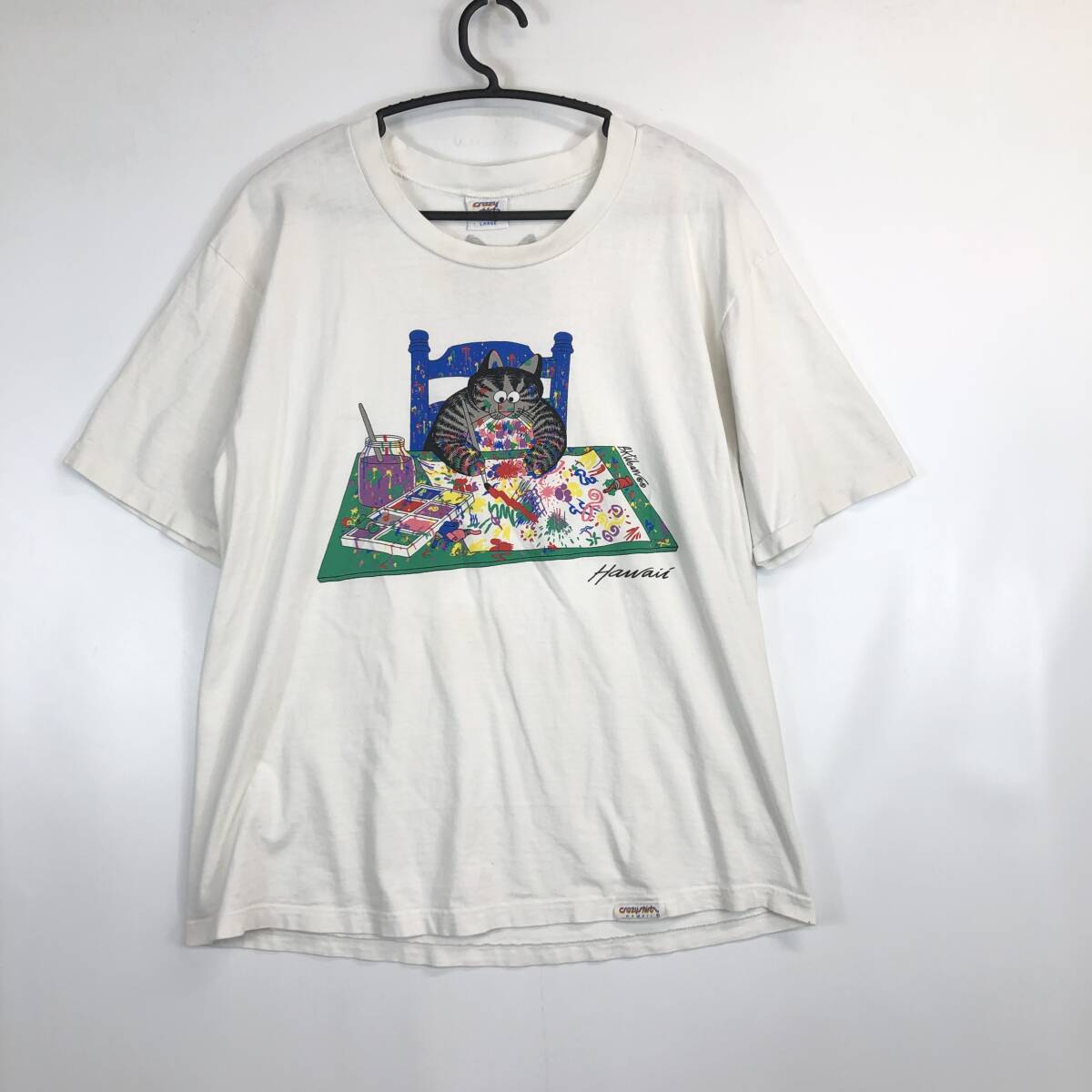 90s USA製 クレイジーシャツ crazy shirts クリバンキャット お絵描き Tシャツ 半袖 Lサイズ 袖シングルステッチ拍卖