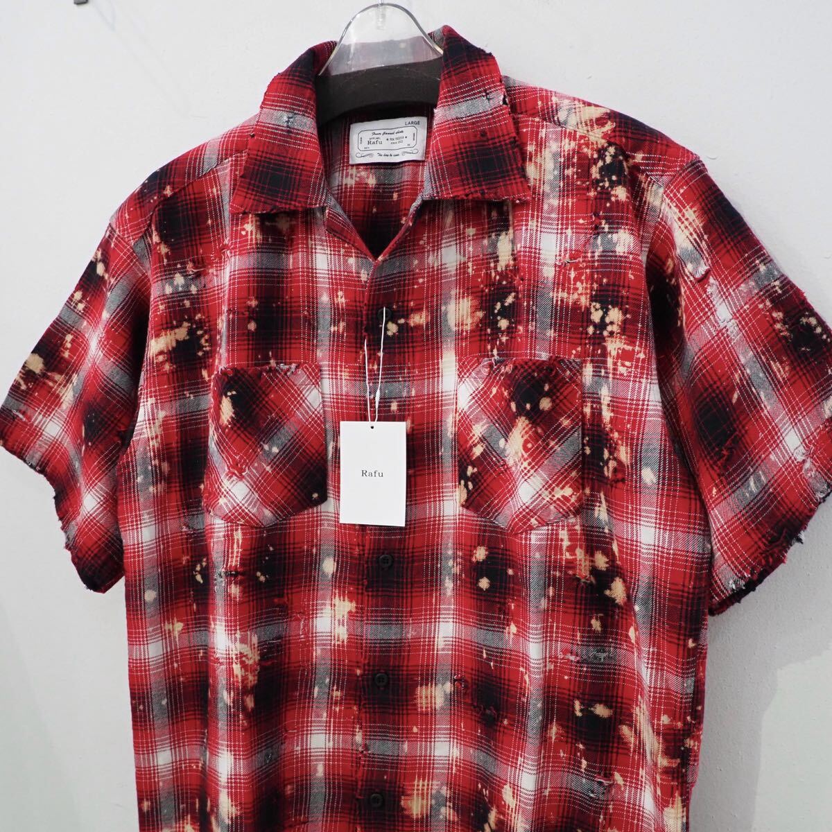 新品 定価41800円 ラフ ブリーチ ダメージ 加工 チェック 半袖 シャツ 赤 レッド 黒 メンズ L Rafu セットアップ可 MIYAGI HIDETAKA 開襟拍卖