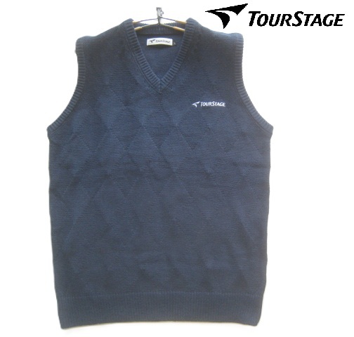 美品!!ツアーステージ TOURSTAGE*ロゴ刺繍 ウールタッチニットベスト L 紺 ネイビー GOLF ゴルフ拍卖
