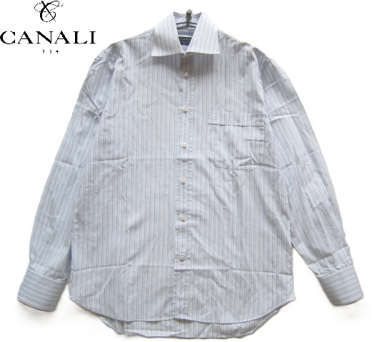 極上イタリア製!!カナーリ CANALI*ストライプ柄ドレスシャツ 39 実寸M 白×紺×水色 拍卖
