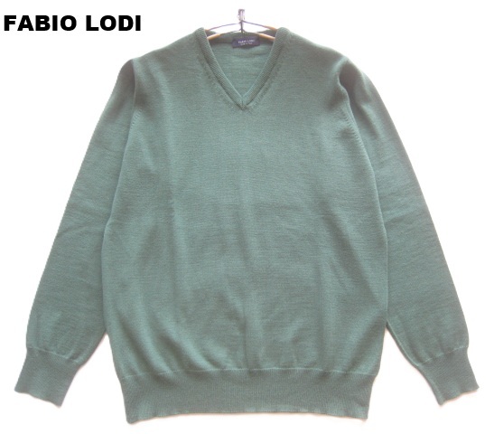 美品イタリア製!!ファビオ ロディ FABIO LODI*Vネックメリノウールニットセーター 46 実寸M 緑 グリーン 拍卖