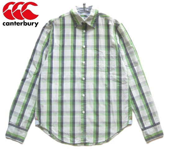 美品!!カンタベリー CANTERBURY*ロゴ刺繍 爽やかチェック柄コットンシャツ S グレー×緑×白×濃灰 ラグビー RUGBY拍卖