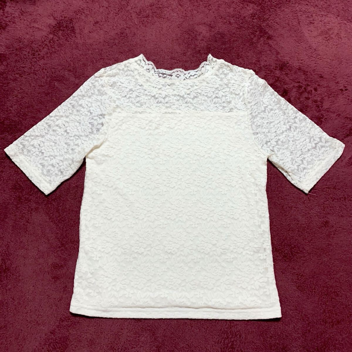 レースストレッチトップス 半袖カットソー プチハイネック オフホワイト 白 Tシャツ オフィスカジュアル 総レース拍卖