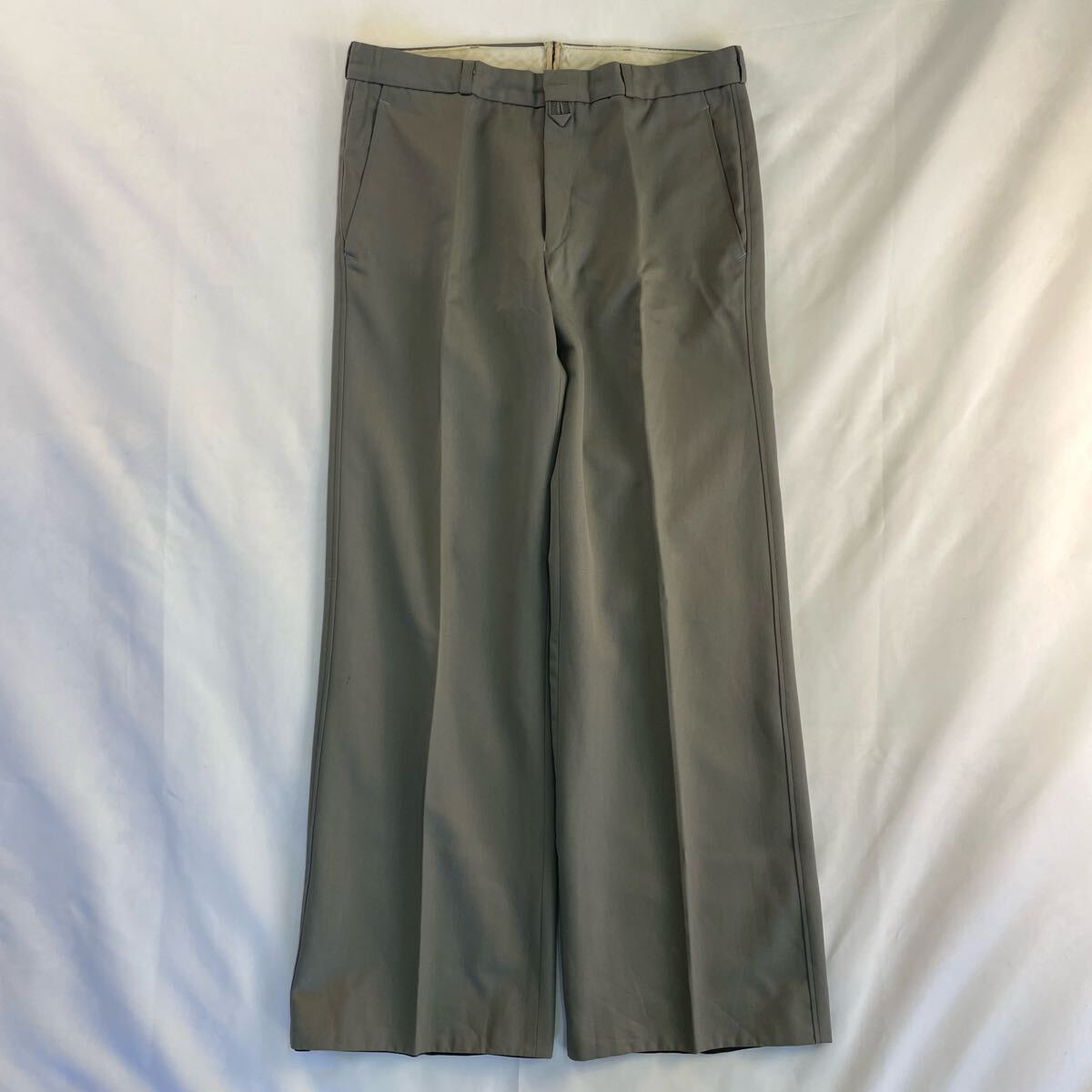 Euro Vintage 80-90s Unknown ツイル くすみカラー ノータック グレー 灰 フレア ブーツカット ベルボトム ワイド スラックス ワークパンツ拍卖