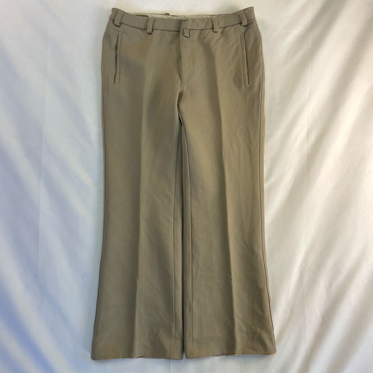 Euro Vintage 80s Unknown ウール ツイル ノータック フレア ベルボトム ベージュ 厚手 ワイド デザインスラックス トラウザーズ拍卖
