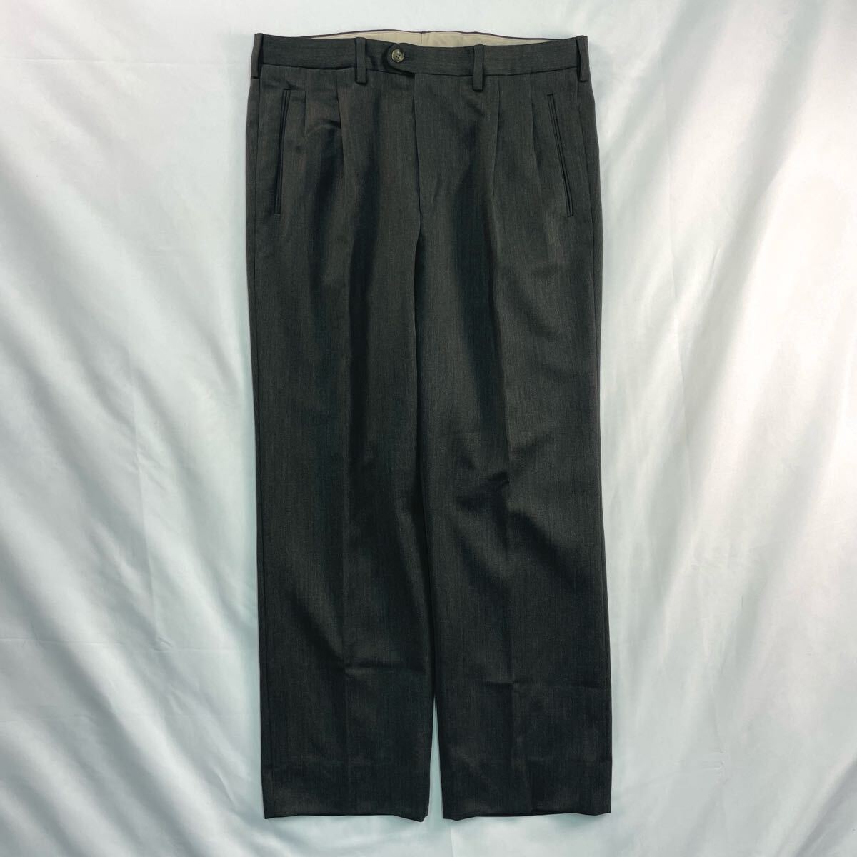 Euro Vintage 80s Nakvik? ウール ポリ ツータック カスリ チャコールグレー ギャバジン 厚手 ワイド ドレス スラックス トラウザーズ拍卖