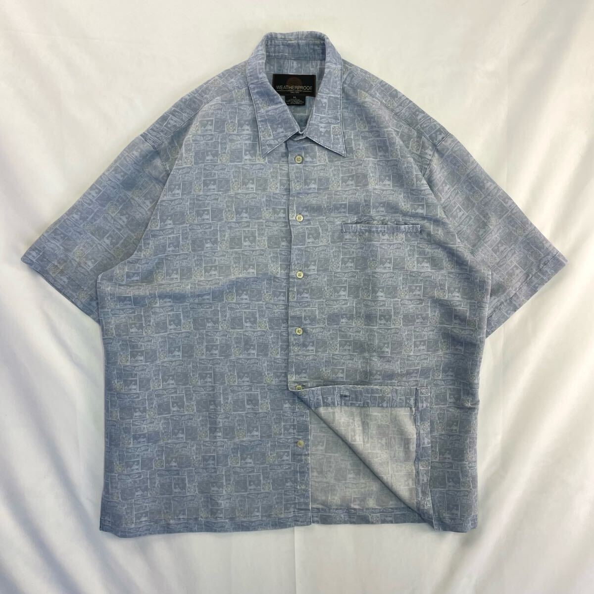 US Vintage 90-00s WEATHERPROOF レーヨン ポリエステル くすみ 幾何学 アート エスニック 民族 ビーチ ハワイアン アロハ 総柄シャツ拍卖