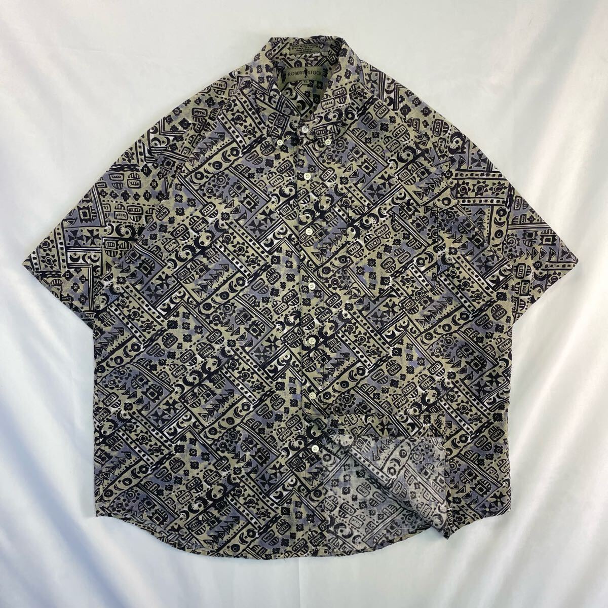 US Vintage ロシア製 90s ROBERT STOCK リネン コットン ボタンダウン プリミティブ 民族 エスニック 幾何学模様 アート アロハ 総柄シャツ拍卖