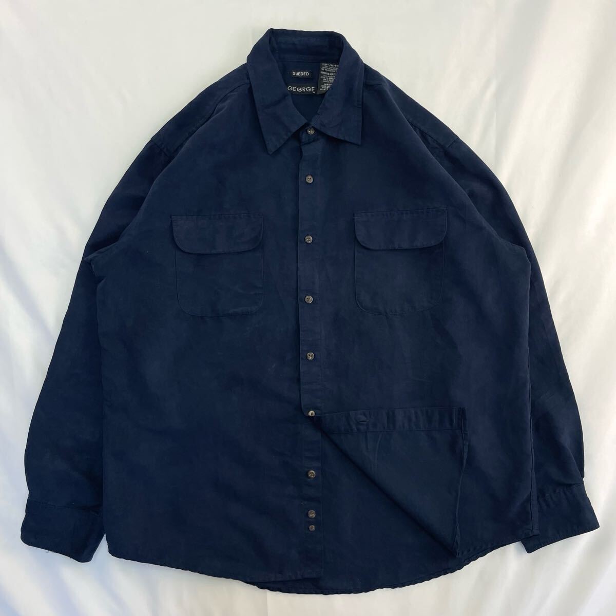 US Vintage 90s GEORGE ベロア ベルベット 起毛 フェイクスエード フラップポケット 単色 プレーン ネイビー 紺 デザインシャツ ポリシャツ拍卖