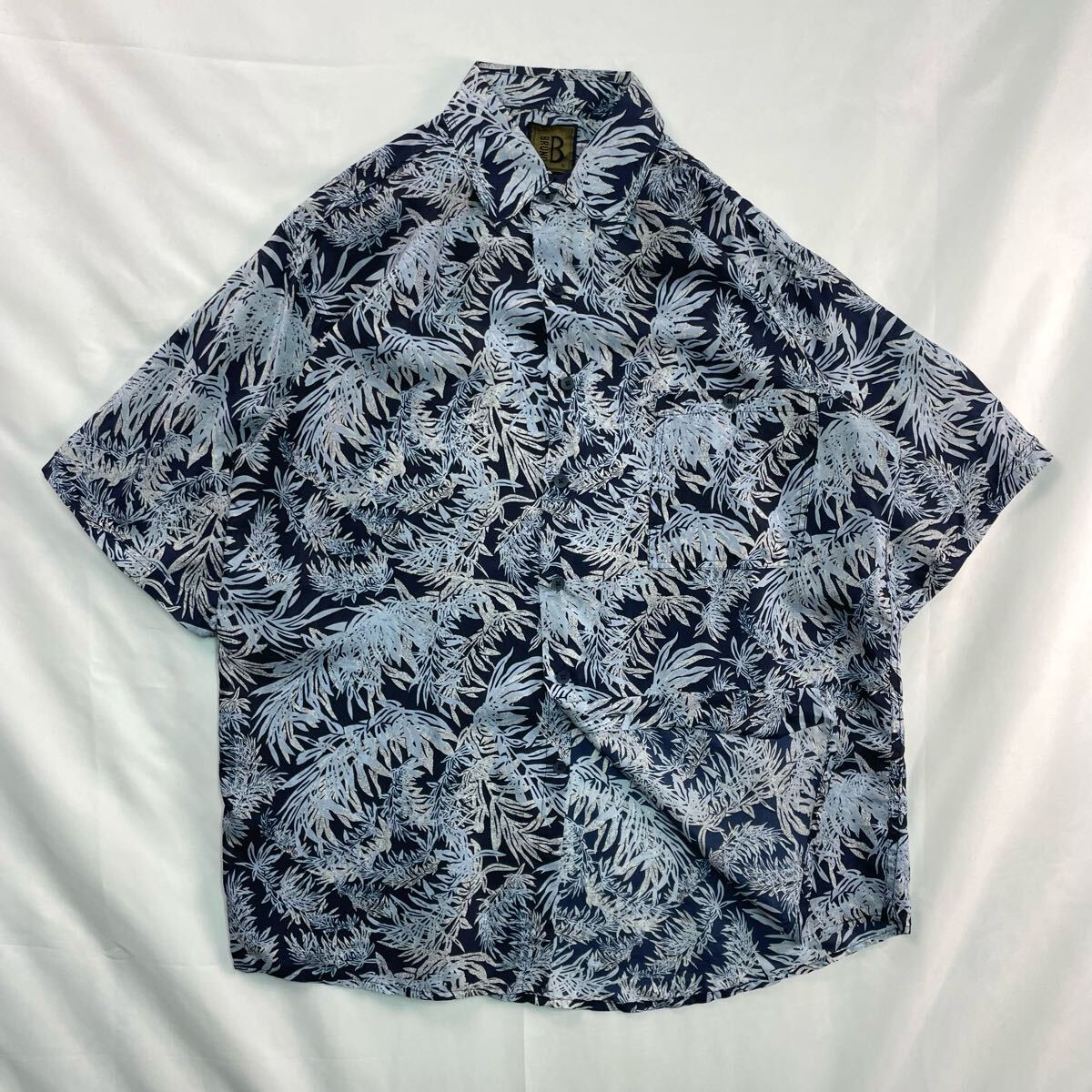 Euro Vintage 90s BRUNO シルク100% リーフ柄 ボタニカル シアー ハワイアン アロハシャツ 総柄 デザインシャツ拍卖
