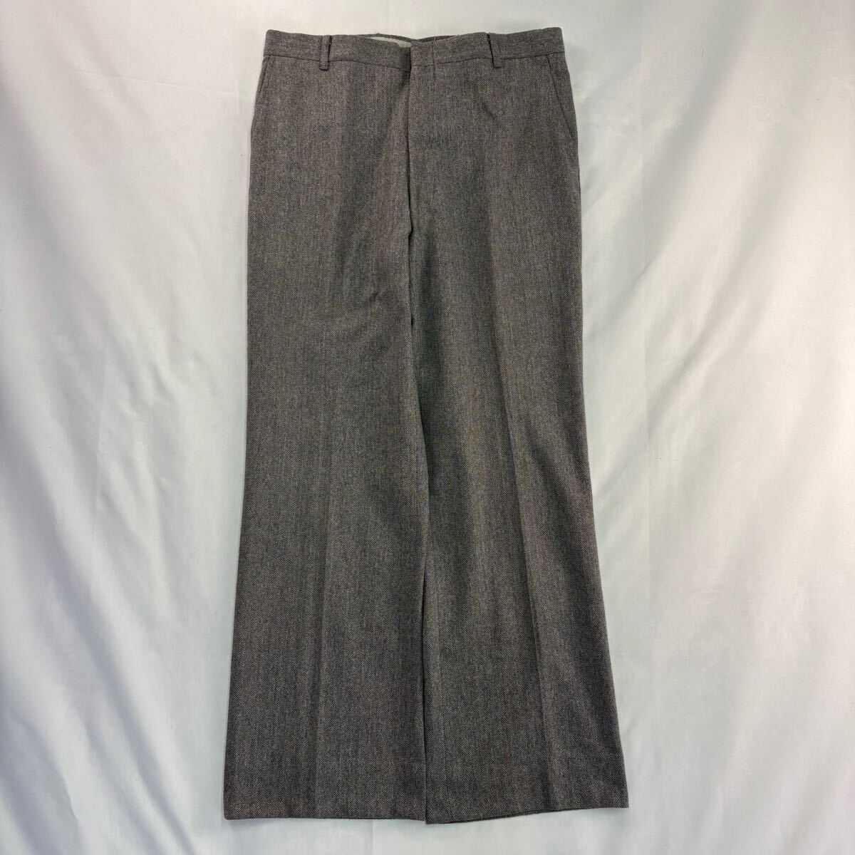 US Vintage 70-80s Unknown ウール ヘリンボーン ノータック グレー ロケットタロン フレア ベルボトム ワイドスラックス トラウザーズ拍卖