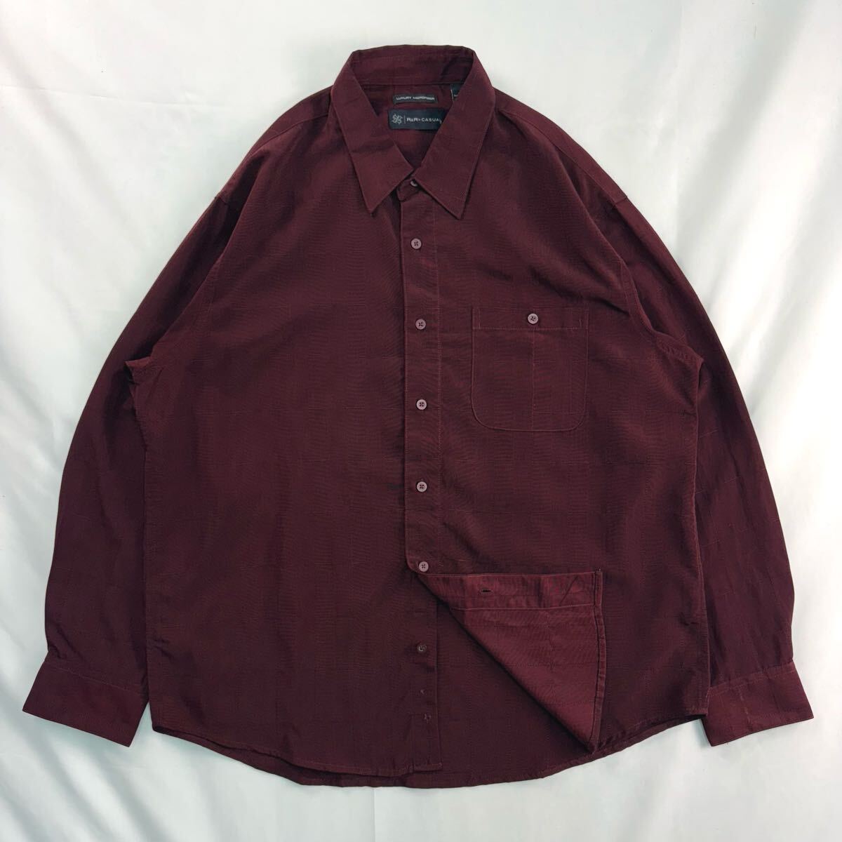 US Vintage 00s R&R CASUAL 光沢 立体 刺繍 格子 チェック とろみ ドレープ ボルドー バーガンディ 臙脂 ドレス 総柄シャツ ポリシャツ拍卖