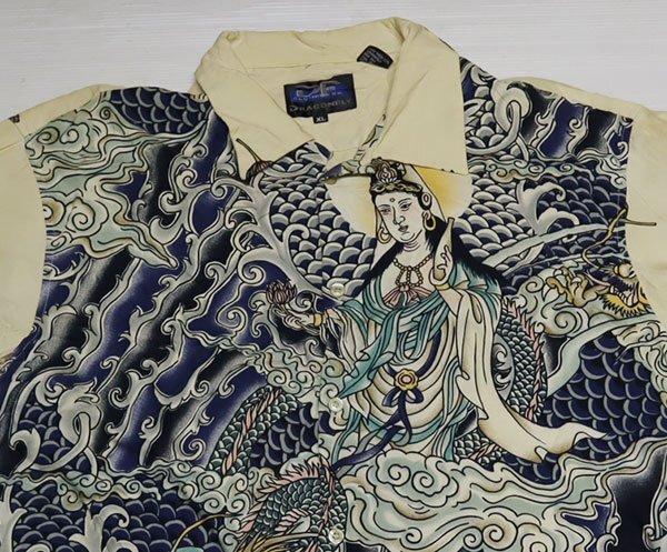 SS96レーヨンシャツUNKNOWNアメリカ古着オープンシャツ半袖シャツXLビッグサイズ龍ドラゴン仏様アロハシャツ/ボックスシャツ/オールドスタ拍卖