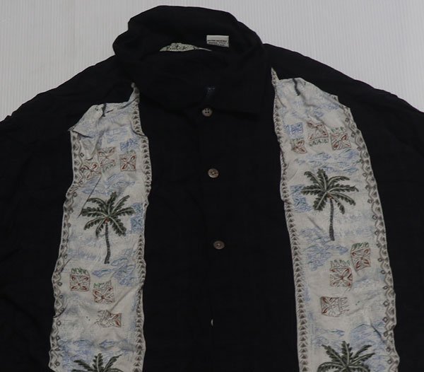 SS58バティックベイBATIK BAYアメリカ古着アロハシャツ半袖シャツXLビッグサイズ黒系レーヨンシャツROCKヤシの木ボックスシャツ拍卖