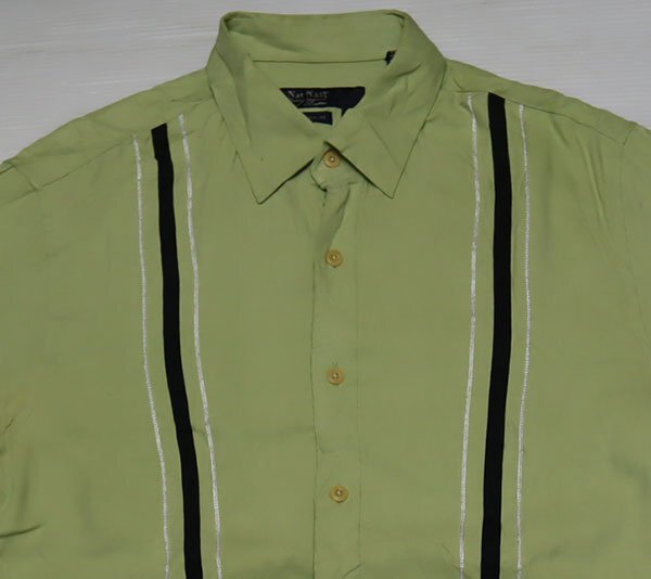 SS4シルクシャツUNKNOWNアメリカ古着ボックスシャツM半袖シャツSILK両サイドスリット入りROCKロカビリー黄緑系x黒系x白系ラインNAT NAST拍卖
