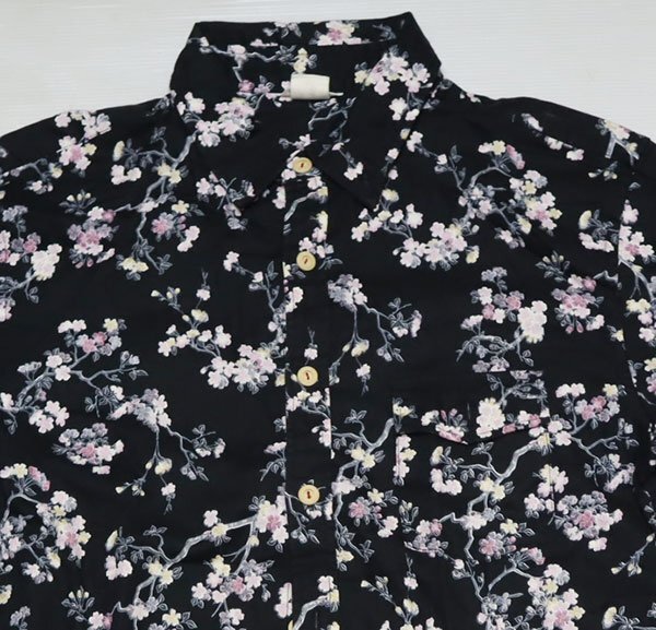 SS71エターナルETERNAL古着サクラ桜シャツ半袖シャツ花柄M倉敷工房/黒系ベース児島/裾マチ付き日本製オールド&レトロスタイル拍卖