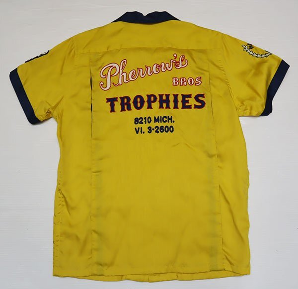 SS33フェローズPHERROWS古着ボールングシャツ日本製オープンシャツ25周年レーヨンシャツ切り替えチェーンステッチROCKロカビリーMパッチ付拍卖