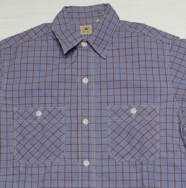 SS54シュガーケーンSUGAR CANE古着コットンシャツ半袖シャツM日本製ユニオンチケット付き裾マチ付き赤系xブルー系他チェックシャツ拍卖