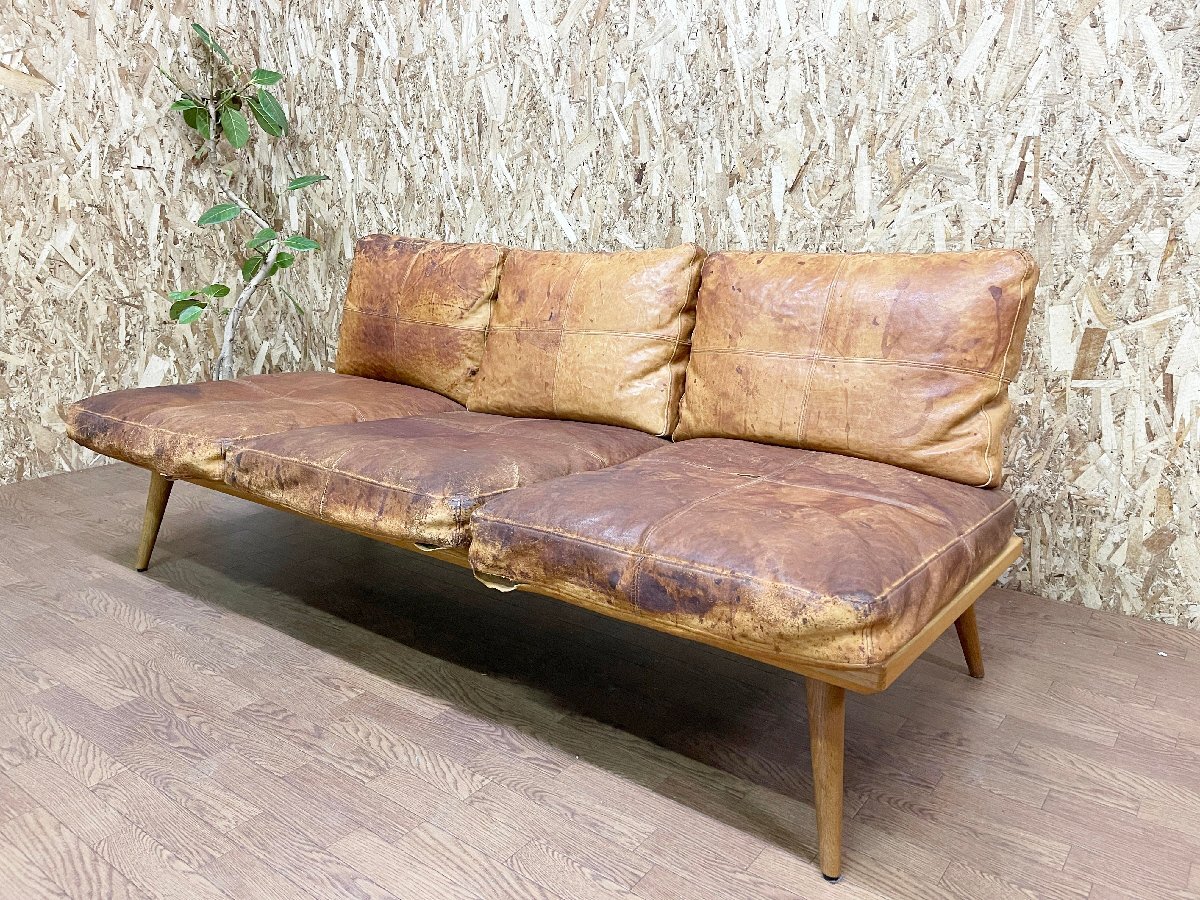 ■トラックファニチャー TRUCK FURNITURE トリプルソファ CS 3人掛け イス レザー 本革 アンティーク ヴィンテージ 定価約63万円(貝1022)拍卖