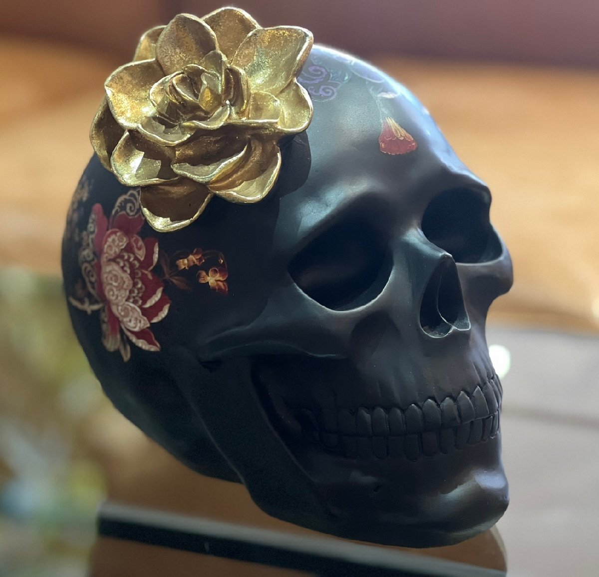 ★ キレイ! KARE カレ フラワースカル 22cm 置物 オブジェ デコオブジェ 花柄 骸骨 ブラック拍卖