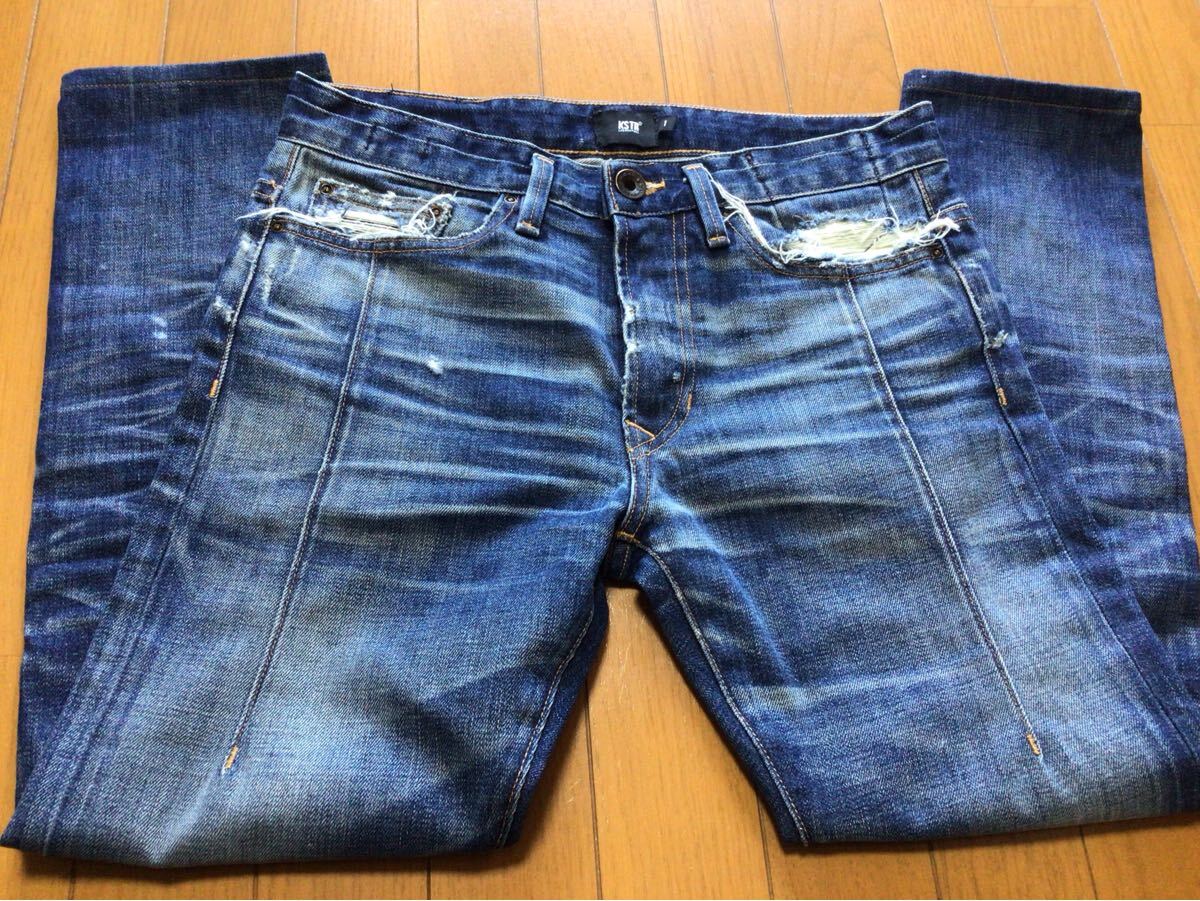 KSTR LABORTORY デニム ダメージ加工 ジーンズ 1 ririジップ 紺 ネイビー 小さめ 丈短め拍卖