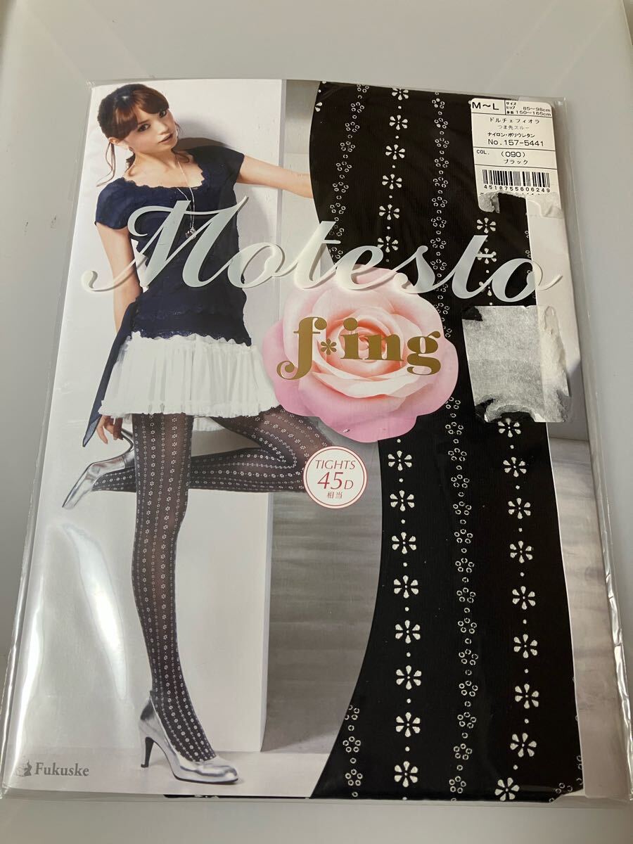 【送料無料】 fukuske f *ing motesto 45デニール タイツ ドルチェフィオラ ブラック 柄 デザイン 福助 tights 黒 蛯原友里 拍卖