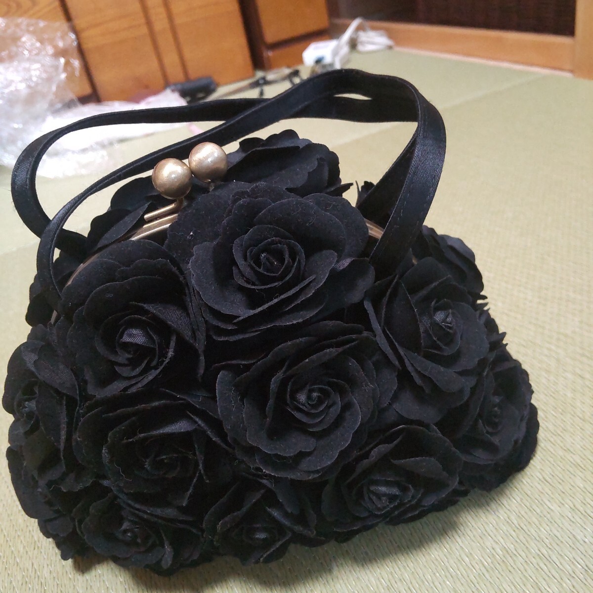 ダイアナ DIANA 黒 花 ミニバッグ がま口 結婚式 美品 中古拍卖