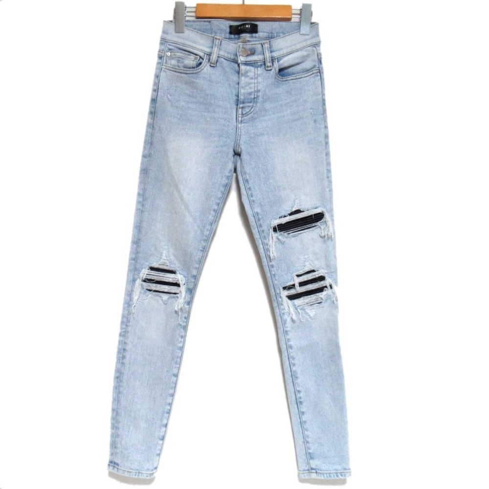 美品 AMIRI アミリ MX-1 クラッシュ加工 パッチ ボタンフライ ストレッチ スキニー デニムパンツ ジーンズ 25インチ ライトブルー拍卖