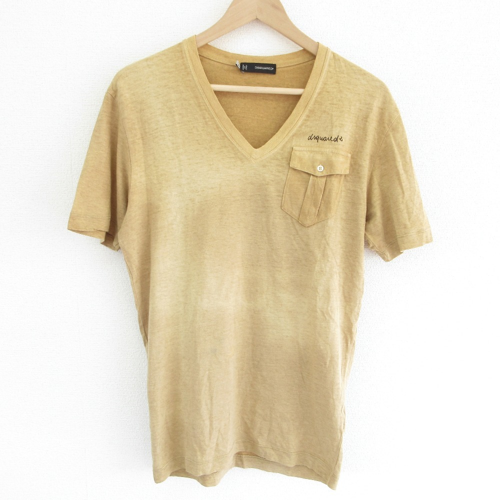 良品 DSQUARED2 ディースクエアード ガーメントダイ ロゴ刺 胸ポケット Vネック 半袖 Tシャツ カットソー XS ベージュ拍卖