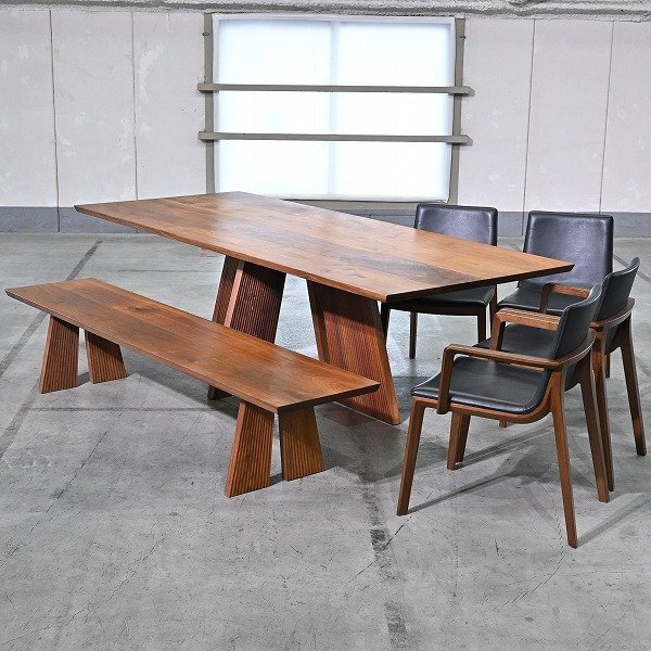 カンディハウス 188万「HAKAMA/CHALLENGE」ダイニング6点セット ウォールナット無垢材 本革 テーブル ベンチ アームチェア CondeHouse拍卖