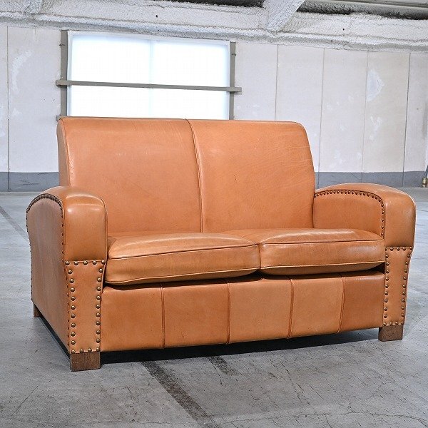 トラックファニチャー「LEATHER SOFA 2-SEATER」ラブソファ 総本革 オーク無垢材 鋲打ち 2人掛け リビング ダイニング TRUCK FURNITURE拍卖